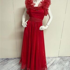 Vintage 1970s Red Chiffon Evening Gown with ruffles-Lydia Deetz Vibes